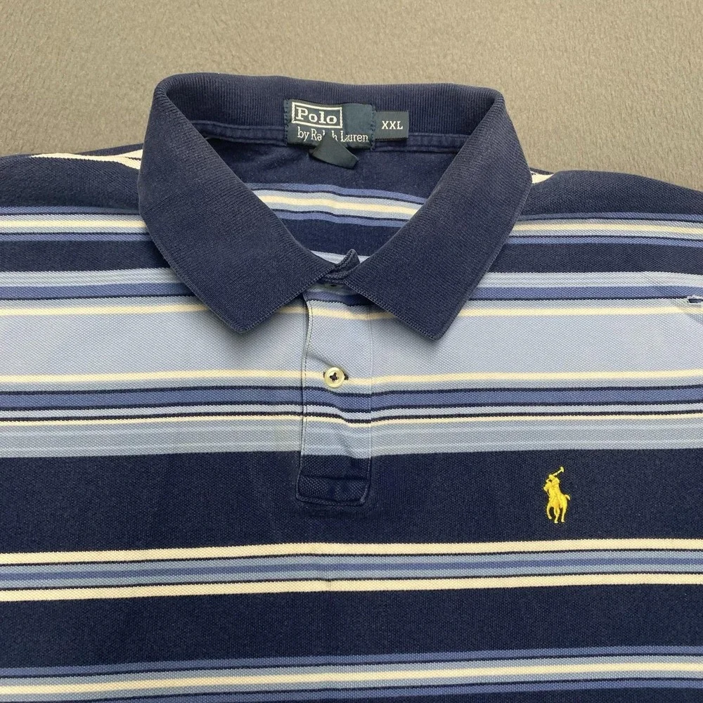 Polo Ralph Lauren Polo Shirt Mens 2XL Blue Stripe 100% Cotton Pony Logo